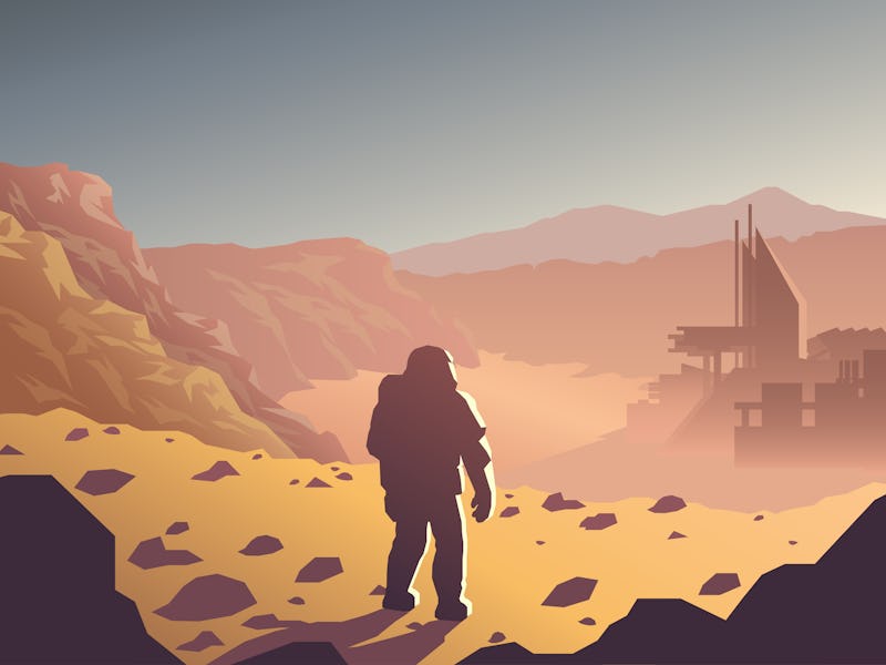 Mars colonization futuristic landscape with colony base and astronaut illustration