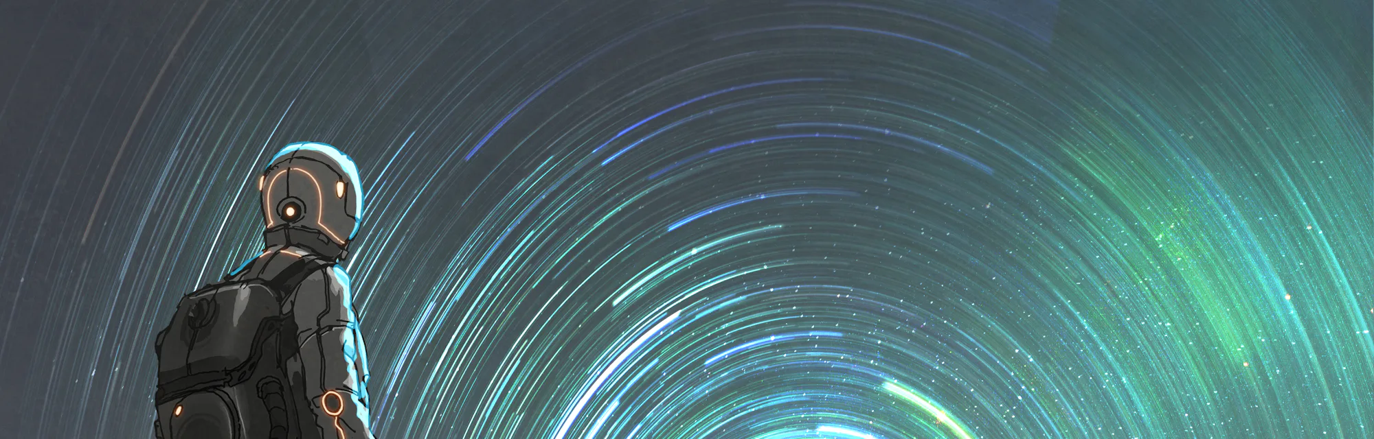 science fiction scene of the astronaut standing in front of starry tunnel entrance, digital art styl...