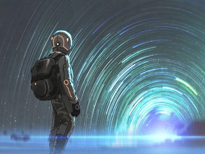 science fiction scene of the astronaut standing in front of starry tunnel entrance, digital art styl...