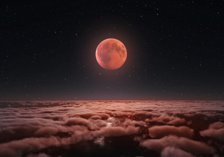 Longest total Lunar eclipse, blood moon over the clouds 2018. Digital illustration