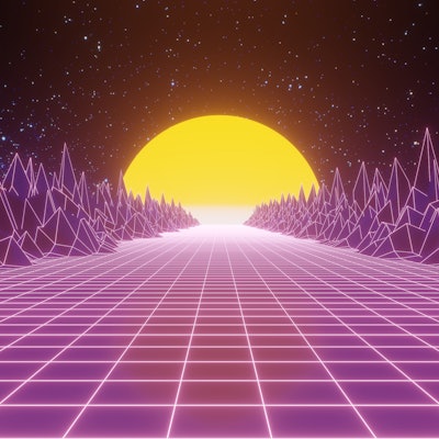 Retro 80s video game tunnel background with mountains and sun 8bit depth of field