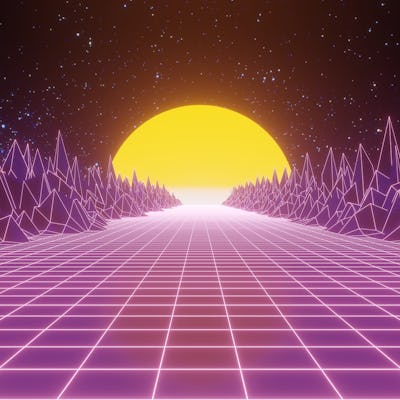 Retro 80s video game tunnel background with mountains and sun 8bit depth of field