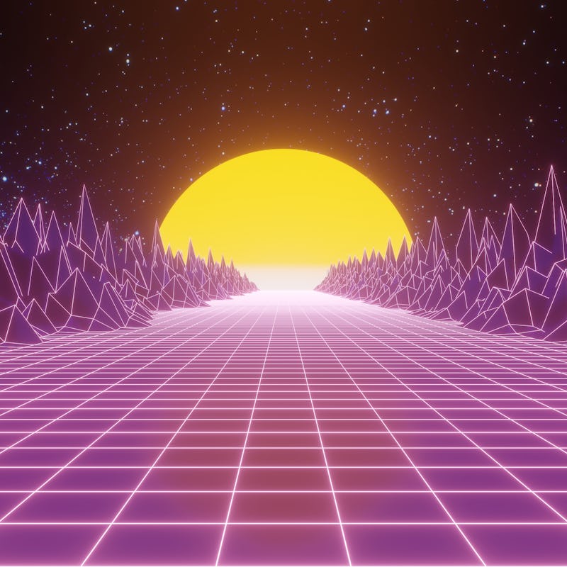 Retro 80s video game tunnel background with mountains and sun 8bit depth of field