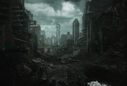2d digital illustration of a destroyed city.