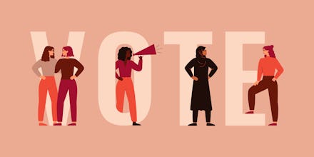 Strong girls different nationalities and cultures stand together near the big letters of the word VO...