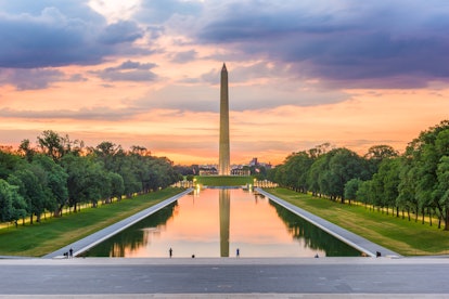 Washington Monument on the Reflecting Pool in Washington, DC, USA at dawn, one of the best memorial ...