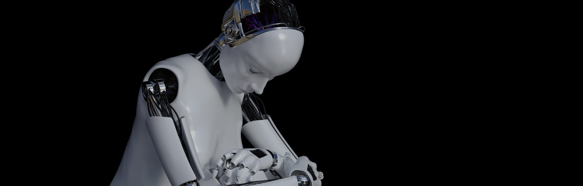 3D rendering of a female robot sitting in solitude on the floor and looking sad or depressed. Black ...