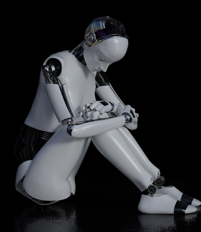 3D rendering of a female robot sitting in solitude on the floor and looking sad or depressed. Black ...