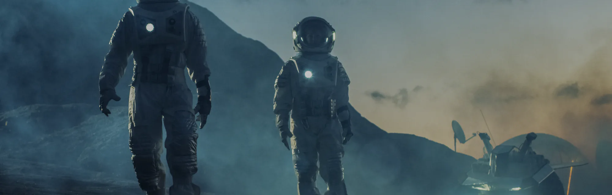Two Astronauts in Space Suits Confidently Walking on Alien Planet, Exploration of the the Planet's S...