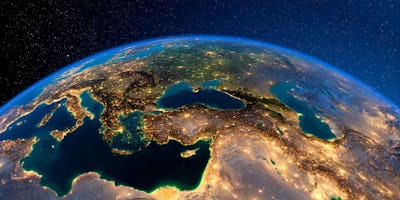 Planet Earth with detailed exaggerated relief at night lit by the lights of cities. Turkey. Middle E...