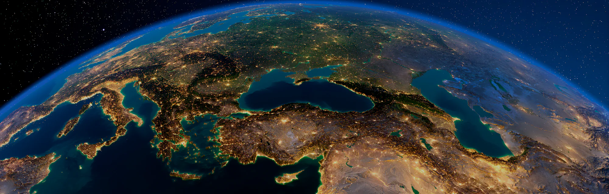 Planet Earth with detailed exaggerated relief at night lit by the lights of cities. Turkey. Middle E...
