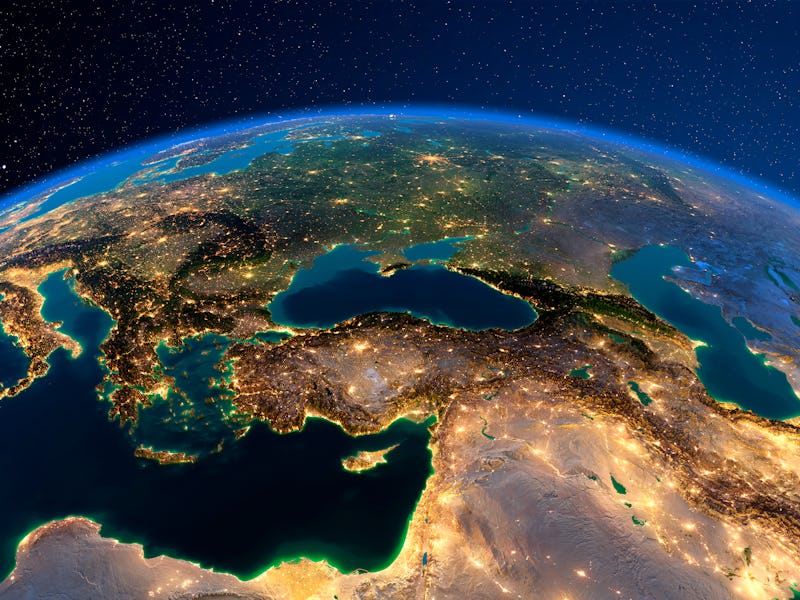 Planet Earth with detailed exaggerated relief at night lit by the lights of cities. Turkey. Middle E...