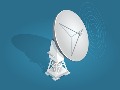 Radar dish satellites dish flat and shadow theme on blue background. Parabolic reflector antenna or ...