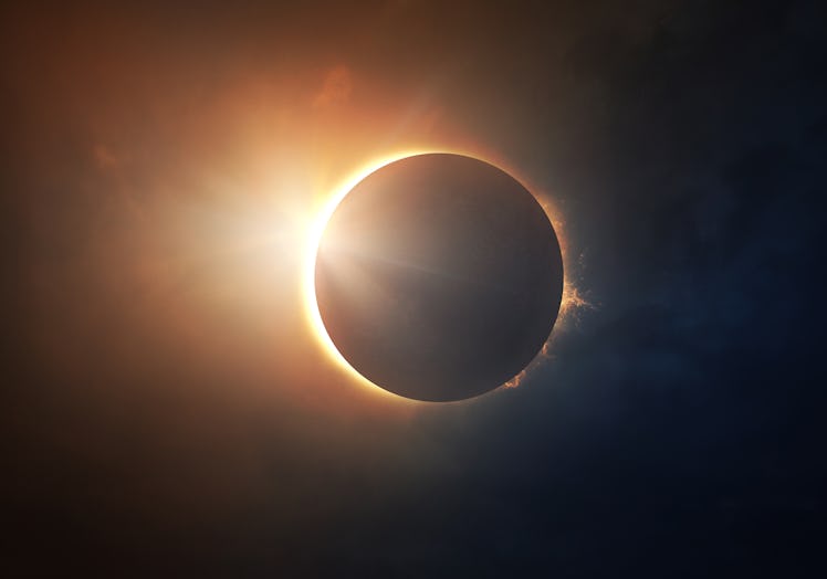 The moon covers the sun in a beautiful solar eclipse. Digital illustration
