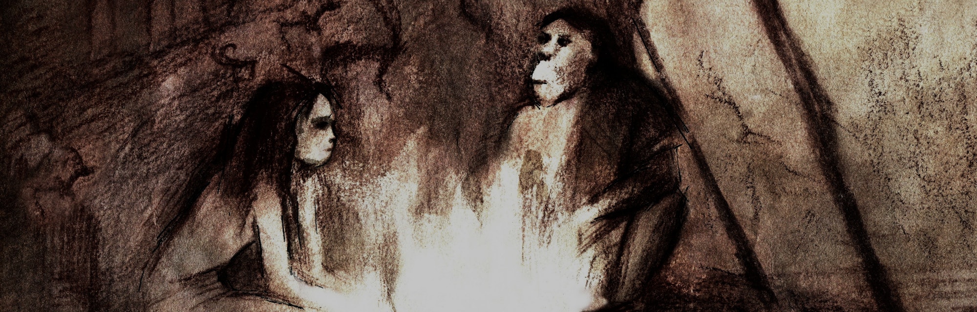 cave people by the fire, Neanderthals in the cave, the original illustration by sepia