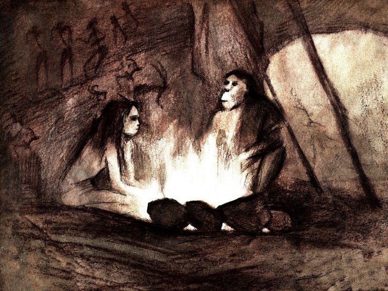 cave people by the fire, Neanderthals in the cave, the original illustration by sepia