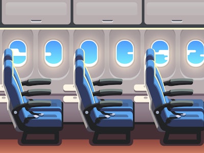 Economy class airliner seats row with portholes. Jet plane airline empty vacant seats. Flat style ve...