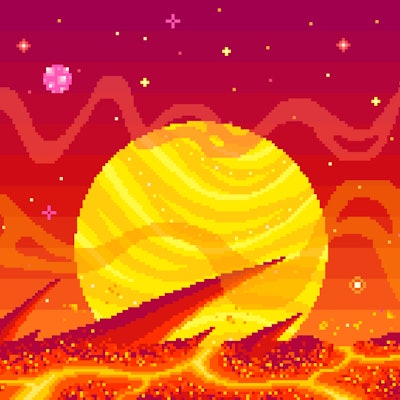 Pixel art game location. Cosmic area,someone lava planet surface. Seamless vector background