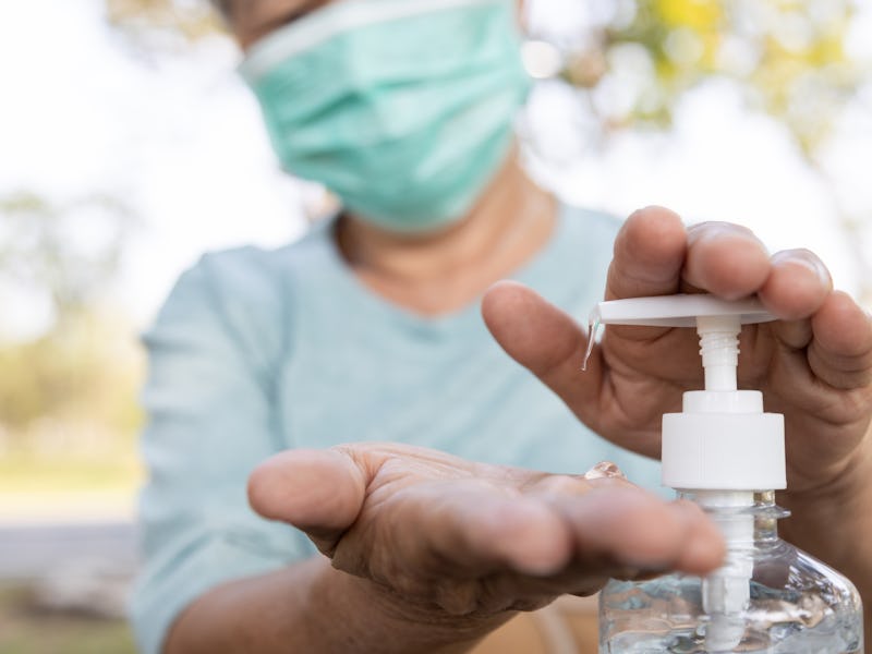 Asian elderly people wearing protective mask,using alcohol antiseptic gel,prevent infection,outbreak...