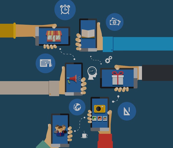 vector interaction mobile apps infographics with human head and hands with smartphones