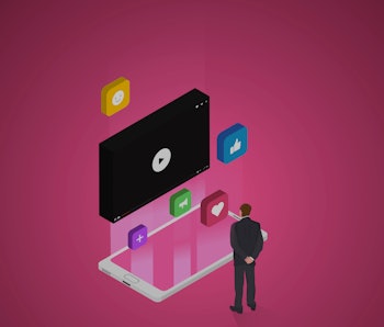 Social media concept with character watching on video player. Social iconss. Flat isometric vector i...