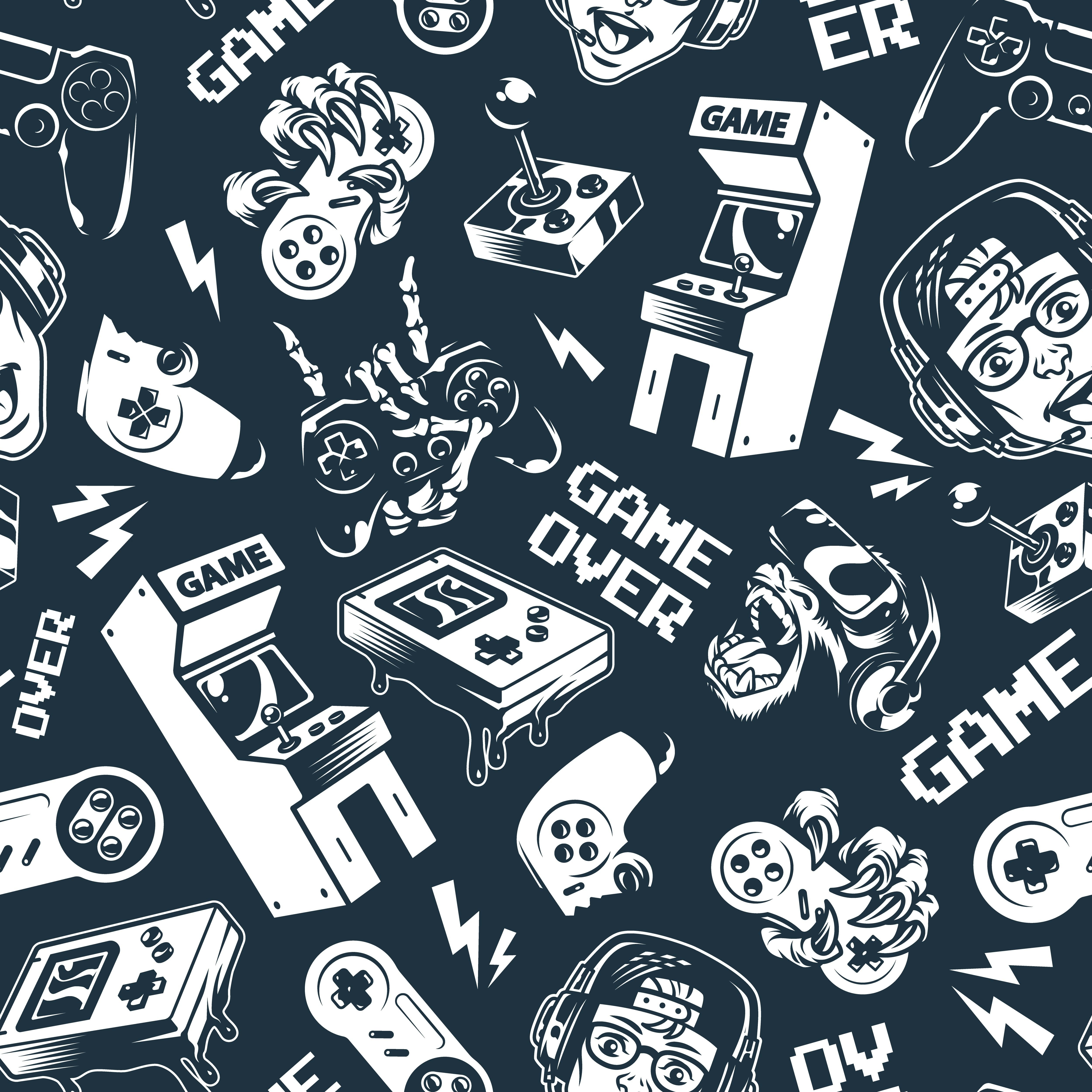 Vintage monochrome video game seamless pattern with electronic gaming devices and gadgets on dark ba...