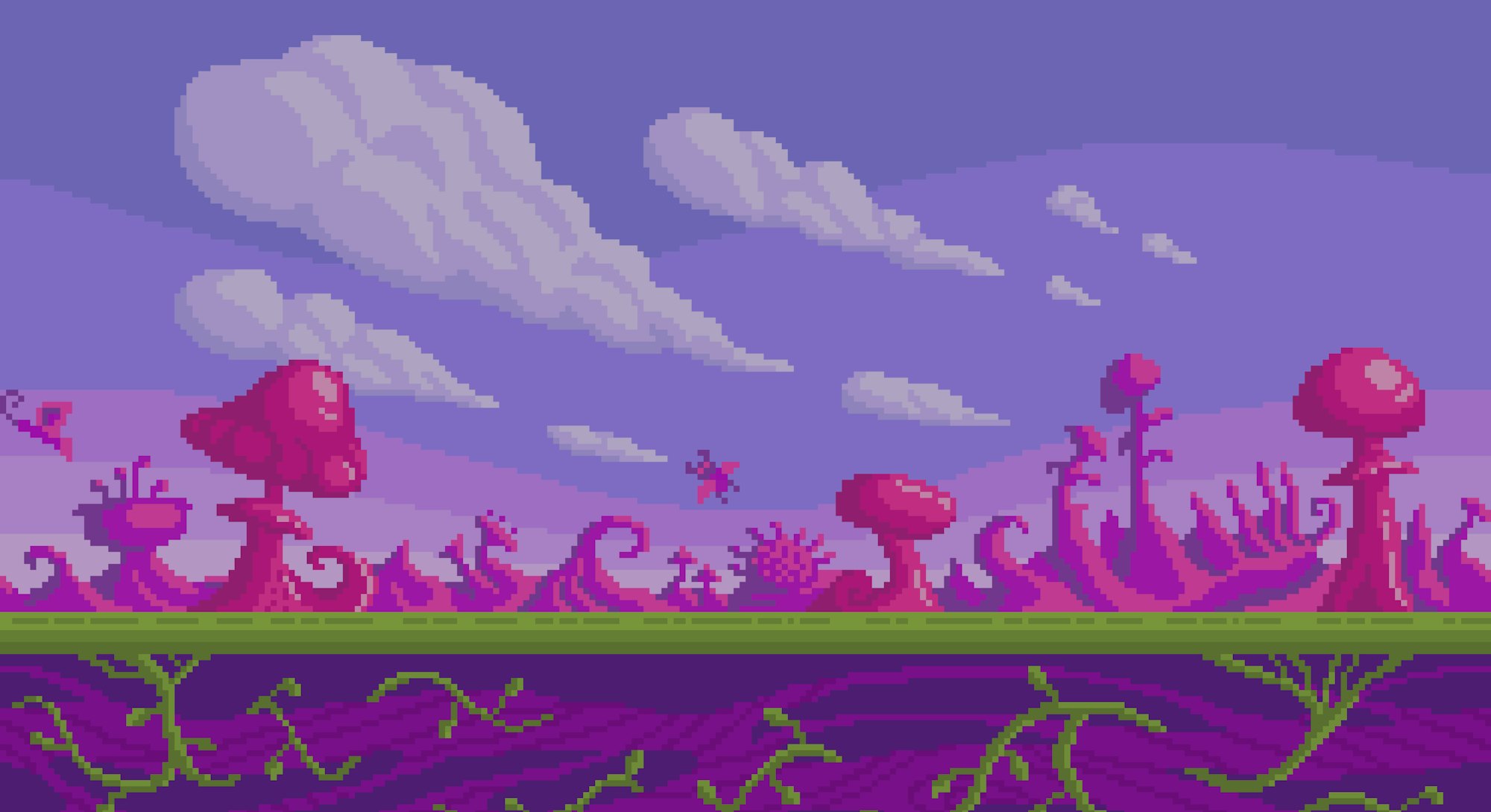 Pixel art game location. Cute pink mushrooms area. Seamless vector background.