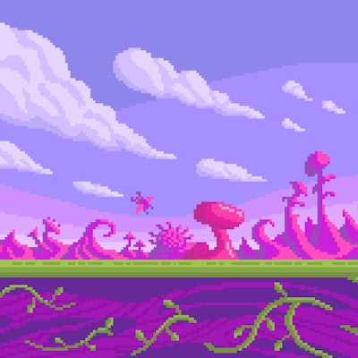 Pixel art game location. Cute pink mushrooms area. Seamless vector background.