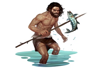Prehistoric Illustration of Caveman Catching Fish Traditionally with Branch Spear
