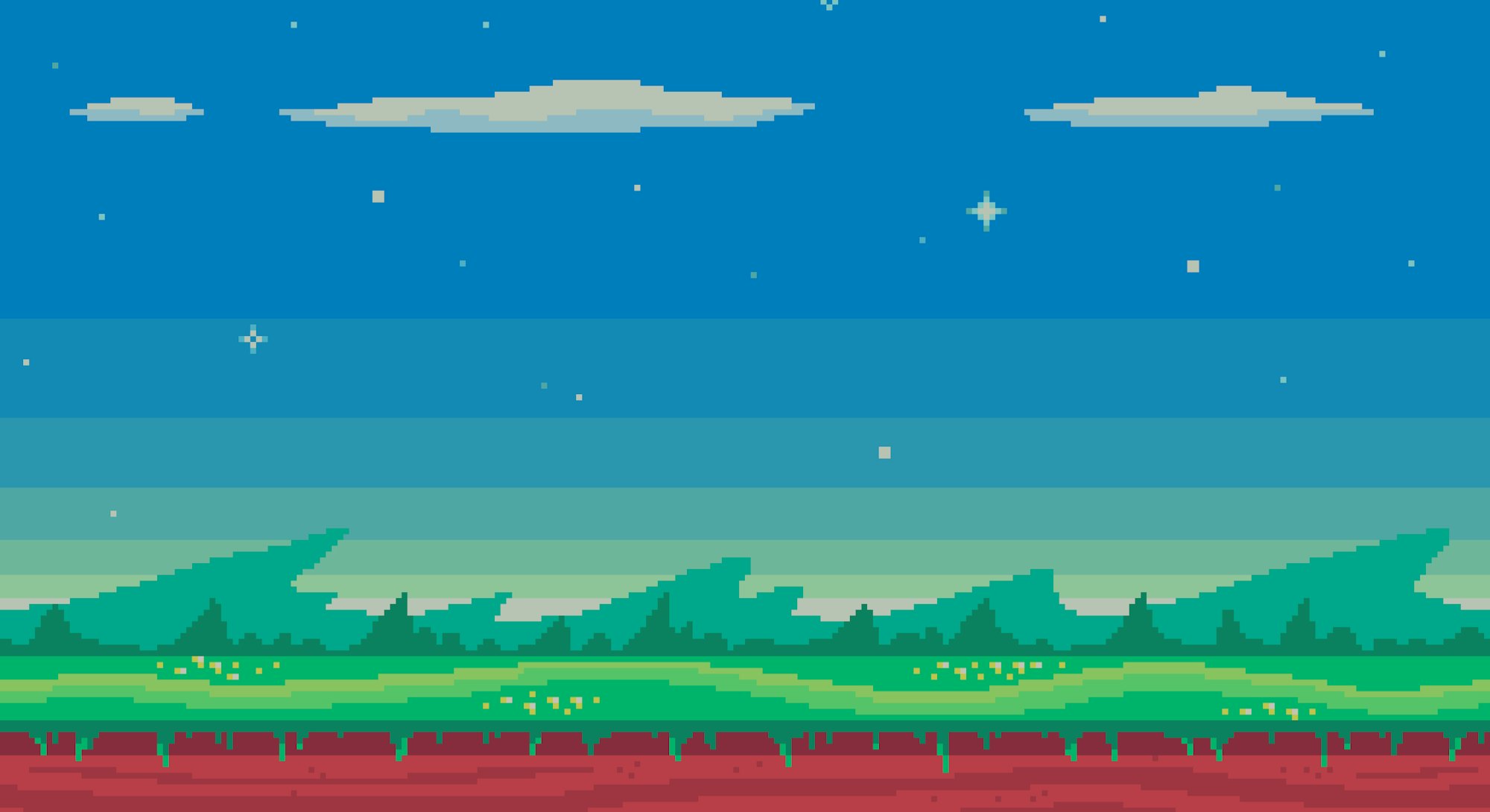 Cute meadow area with clouds, stars and mountains. Pixel art game location. Seamless vector backgrou...