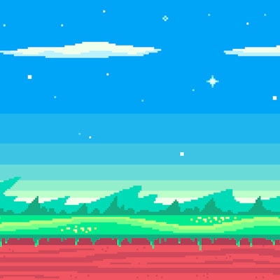 Cute meadow area with clouds, stars and mountains. Pixel art game location. Seamless vector backgrou...