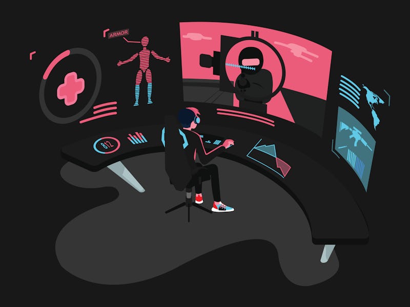 A man playing first person shooter game with split screen wide screen and hologram technology in a d...