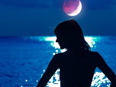 Silhouette of a woman with distant ocean horizon at night.