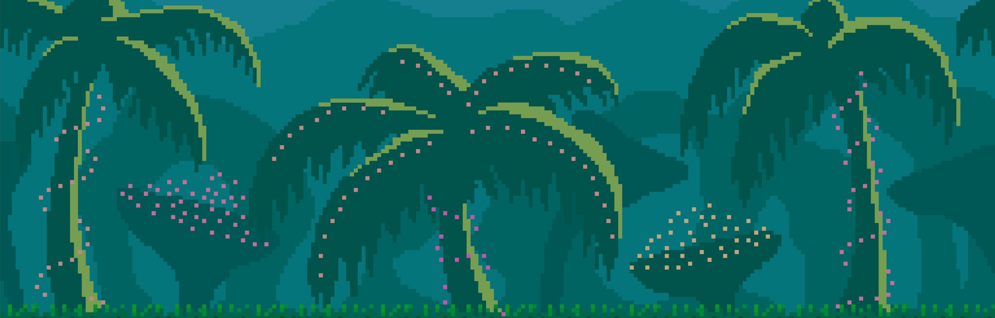 Pixel art seamless landscape with tropics area for game design.
