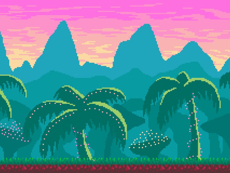 Pixel art seamless landscape with tropics area for game design.