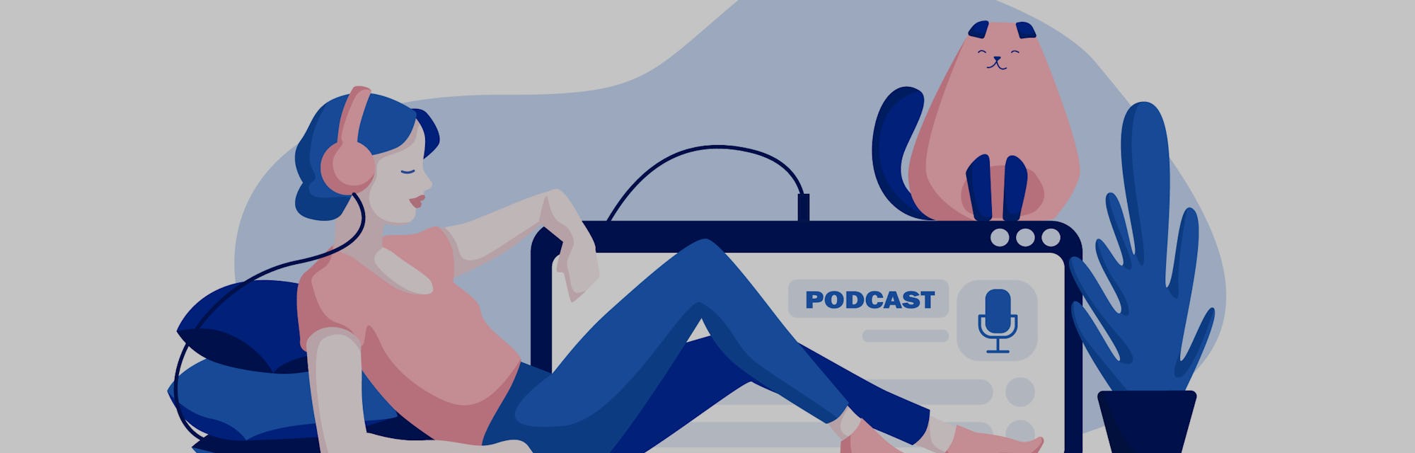 Podcast concept illustration. Webinar, online training, tutorial podcast concept. Young female liste...