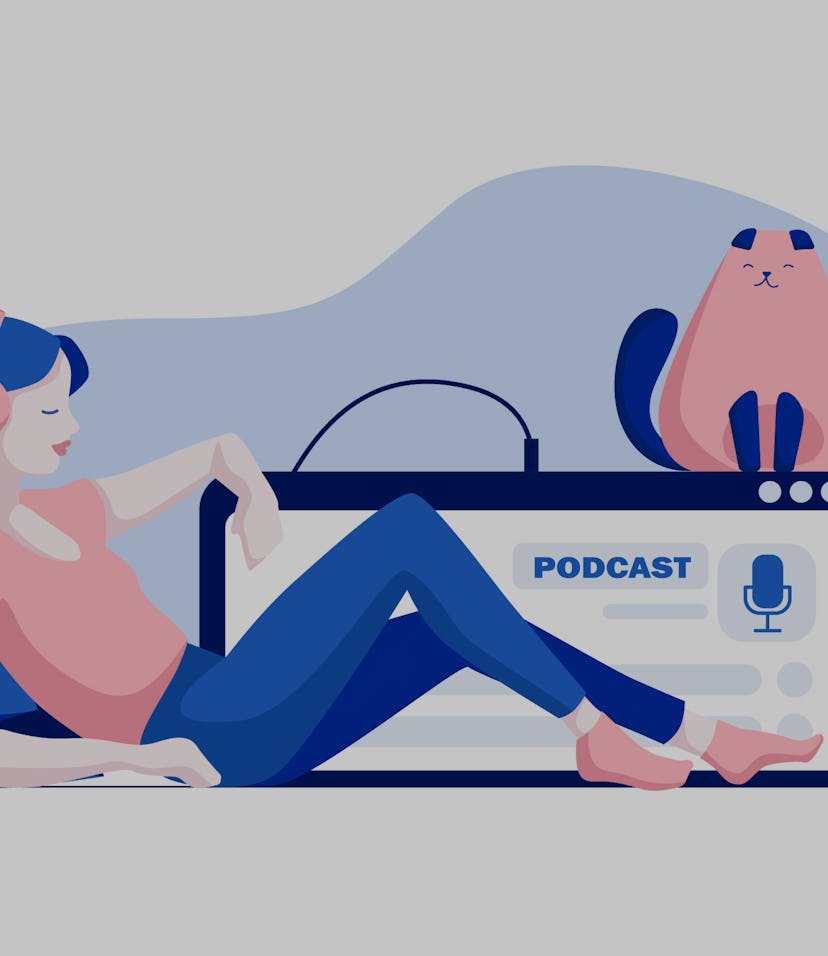 Podcast concept illustration. Webinar, online training, tutorial podcast concept. Young female liste...