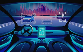 Autinomous smart car inerior. Self driving at night city landscape. Display shows information about ...