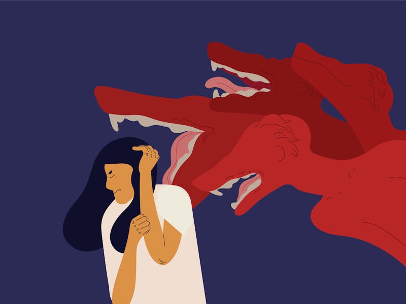 Woman covering head with hands with fear and terrible monsters coming out of computer screen. Concep...