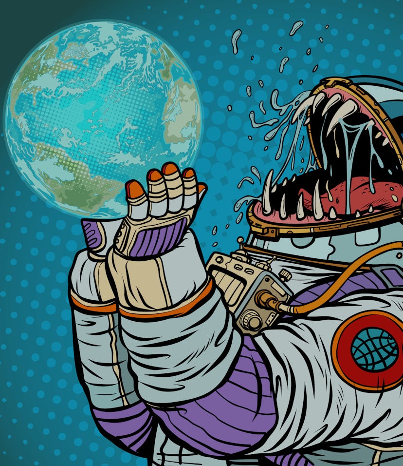 Astronaut monster eats earth planet. Greed and hunger of mankind concept. Pop art retro vector illus...