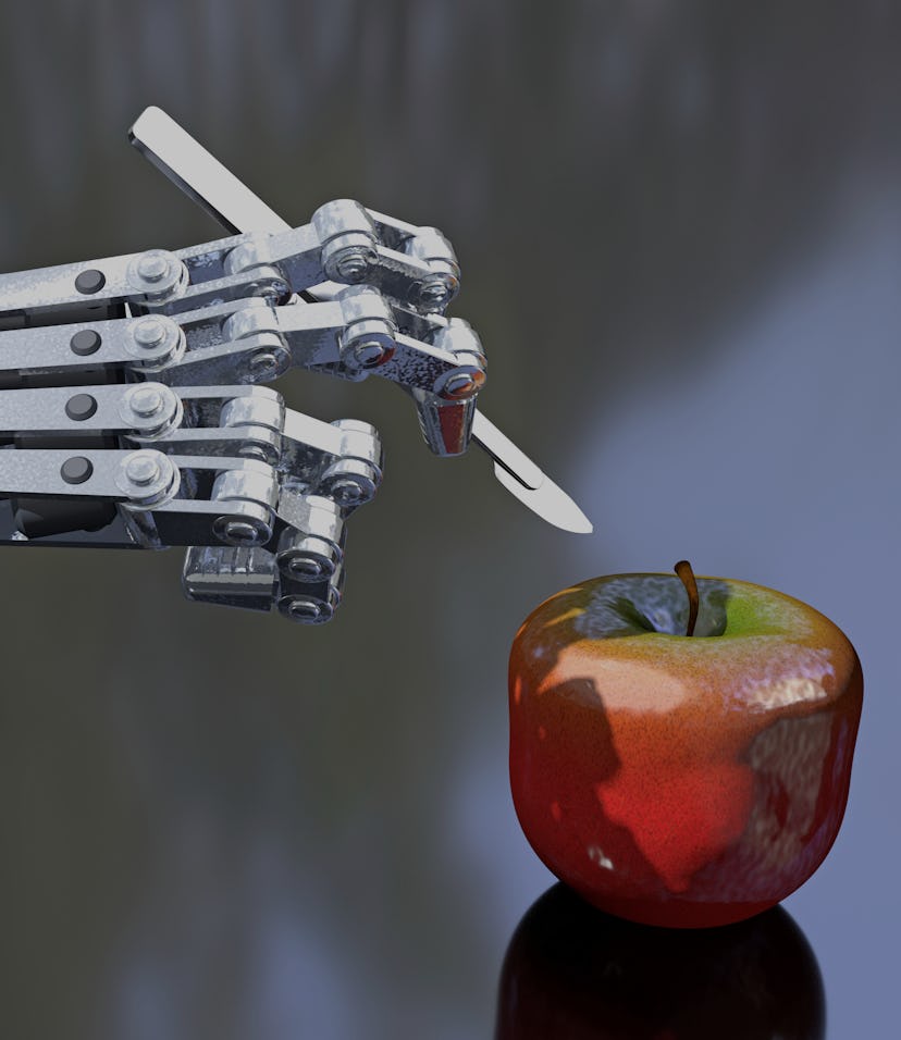 3D illustration of a robot hand holding a scalpel about to cut into an apple, reflective surface for...
