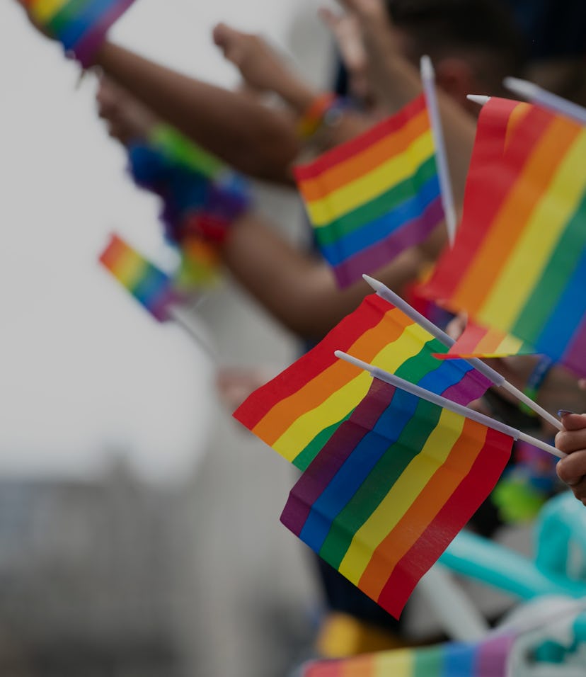 Gay pride, LGBTQ rainbow flags being waved in the air at a pride event