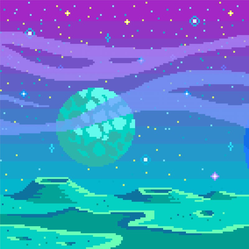 Pixel art game location. Cosmic area,someone planet surface. Seamless vector background