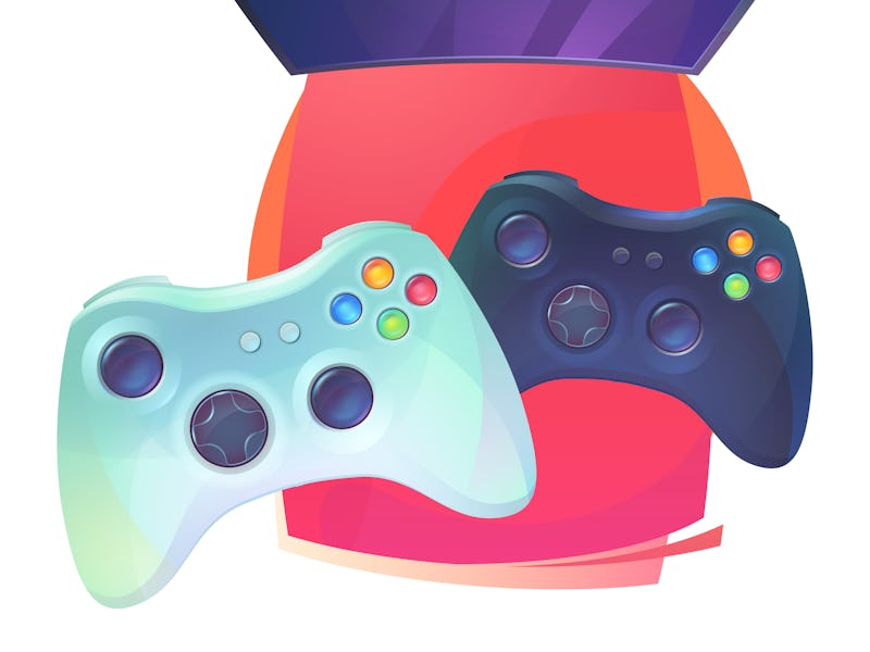 Video games with joystick and TV plasma. Joypad or controller, plastic pad for console entertainment...