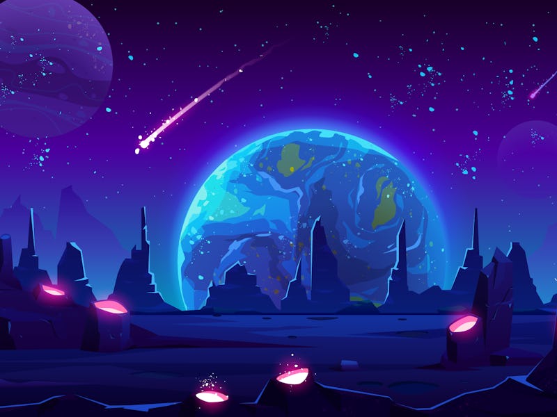 Earth view at night from alien planet, neon space background with falling meteor in dark starry sky,...