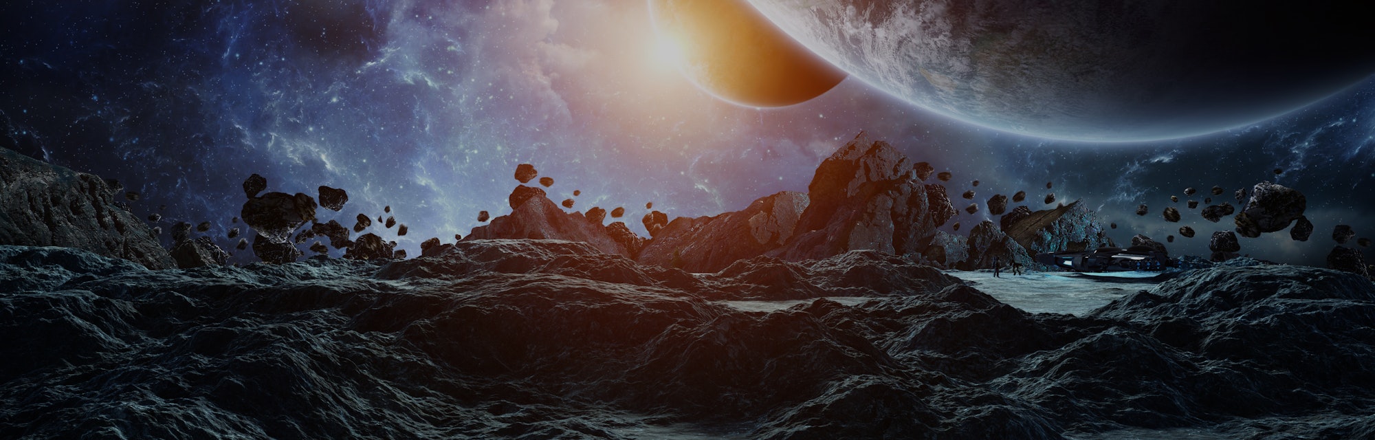 Astronauts with spaceship exploring an asteroid in space 3D rendering elements of this image furnish...