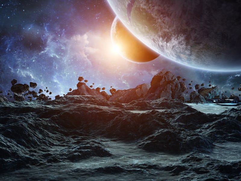Astronauts with spaceship exploring an asteroid in space 3D rendering elements of this image furnish...