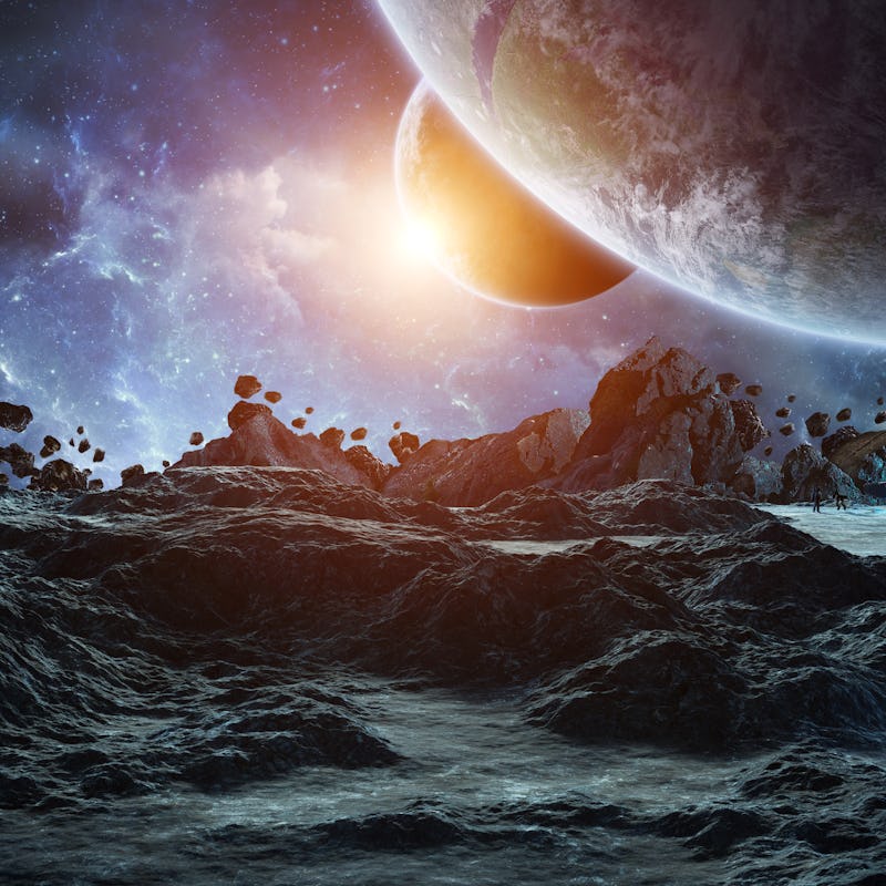 Astronauts with spaceship exploring an asteroid in space 3D rendering elements of this image furnish...