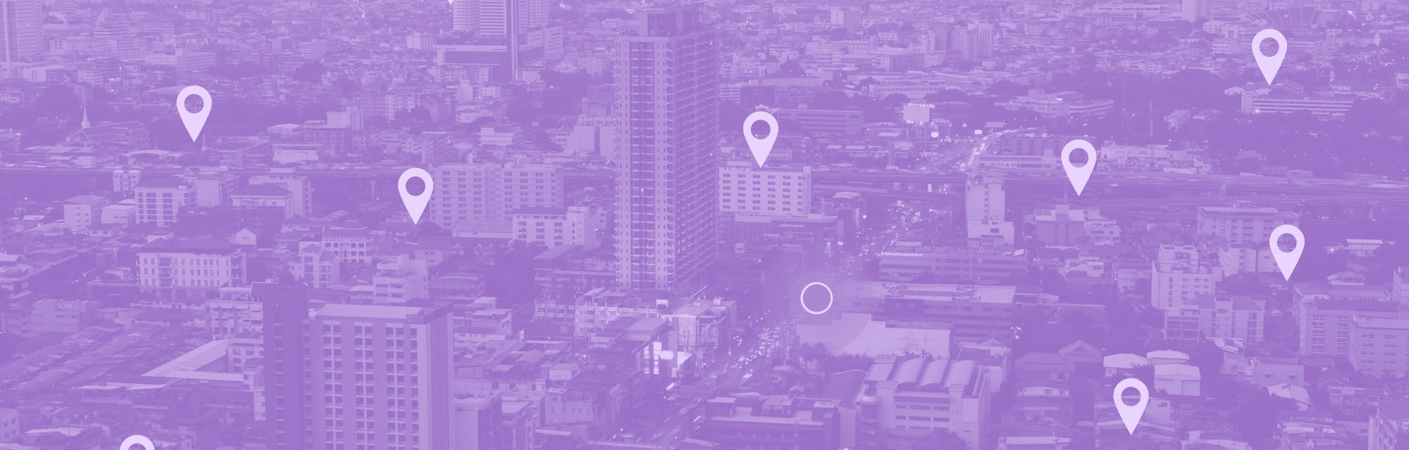 Searching location on map and pin above blue tone city scape and network connection, internet of thi...