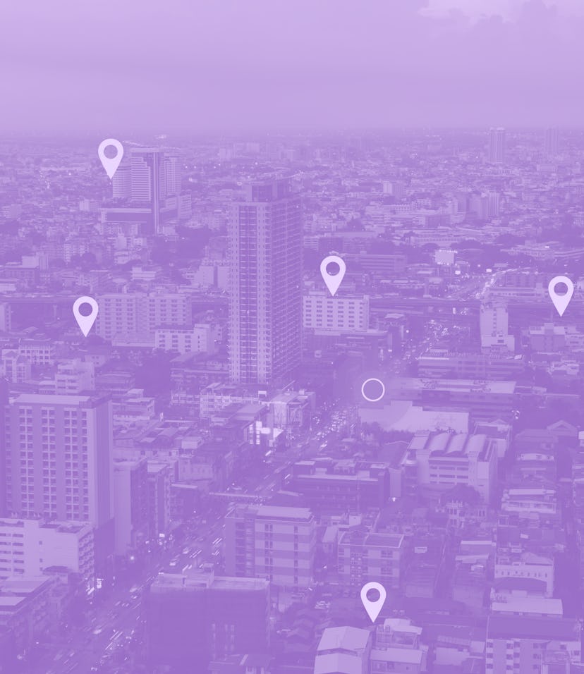 Searching location on map and pin above blue tone city scape and network connection, internet of thi...